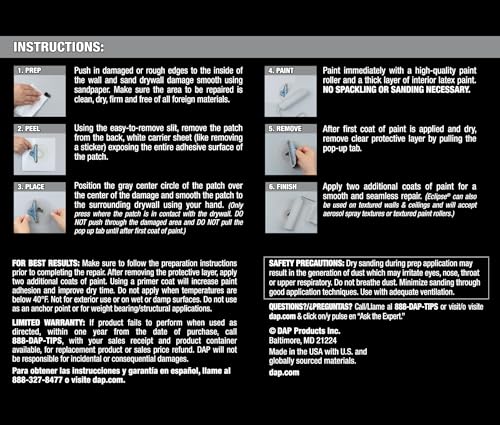 DAP 7079809163 Clear White Repair Eclipse Wall Patch for Holes and Dents, Homeowners, Home Repair
| DAP 7079809163 Clea