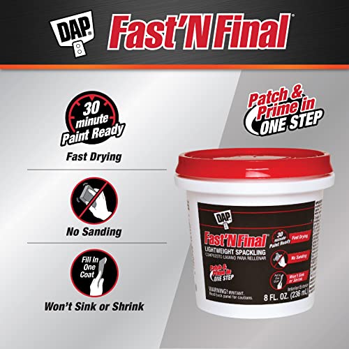 DAP 12140 Fast N Final Interior & Exterior Spackle, White, 8 Fl Oz (Pack of 1) for Quick Fixes and Smooth Surfaces