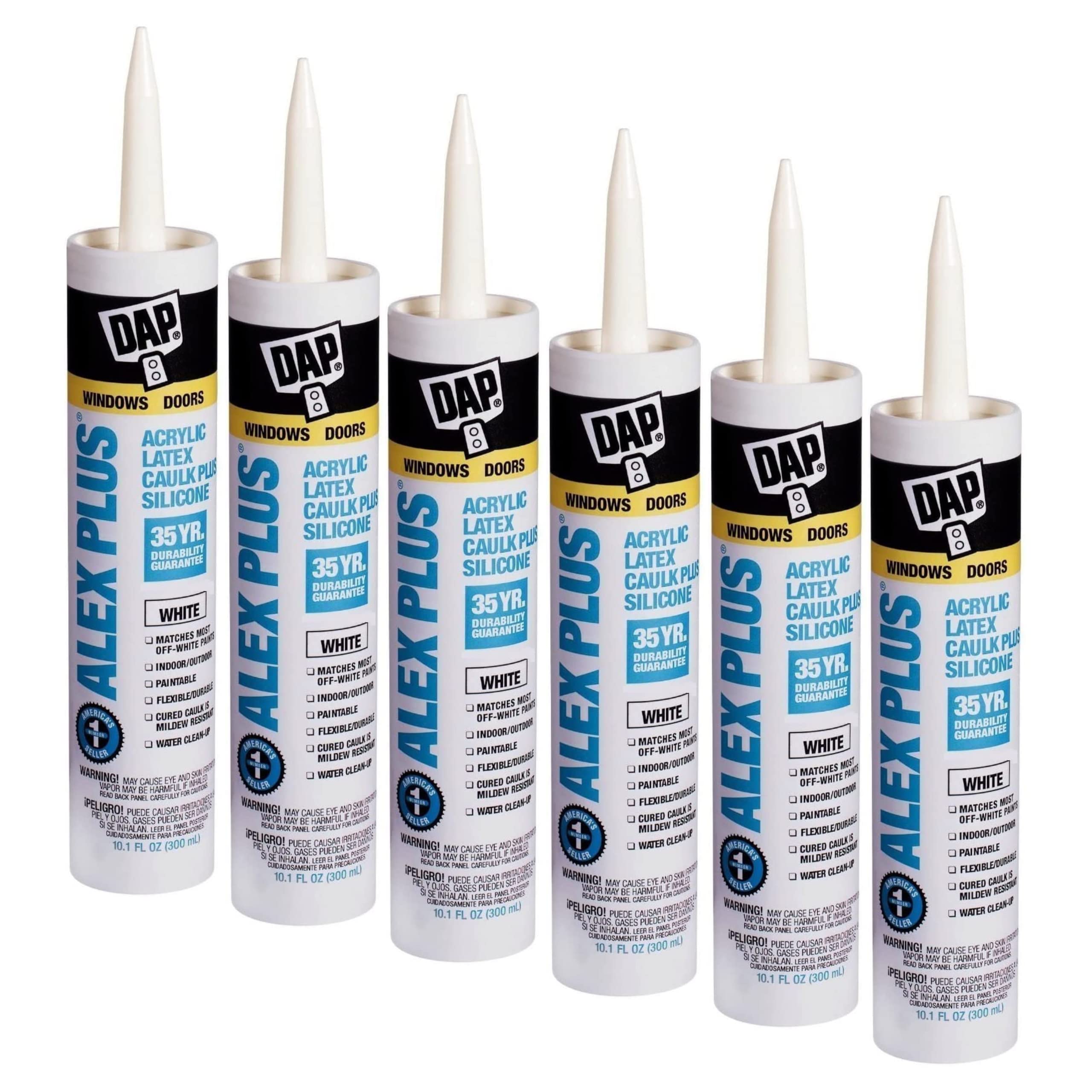 DAP 18152 White 6 Pack 10.1 oz. Acrylic Latex Caulk Plus Silicone, Homeowners and Tradesmen for Bathroom and Kitchen Sea